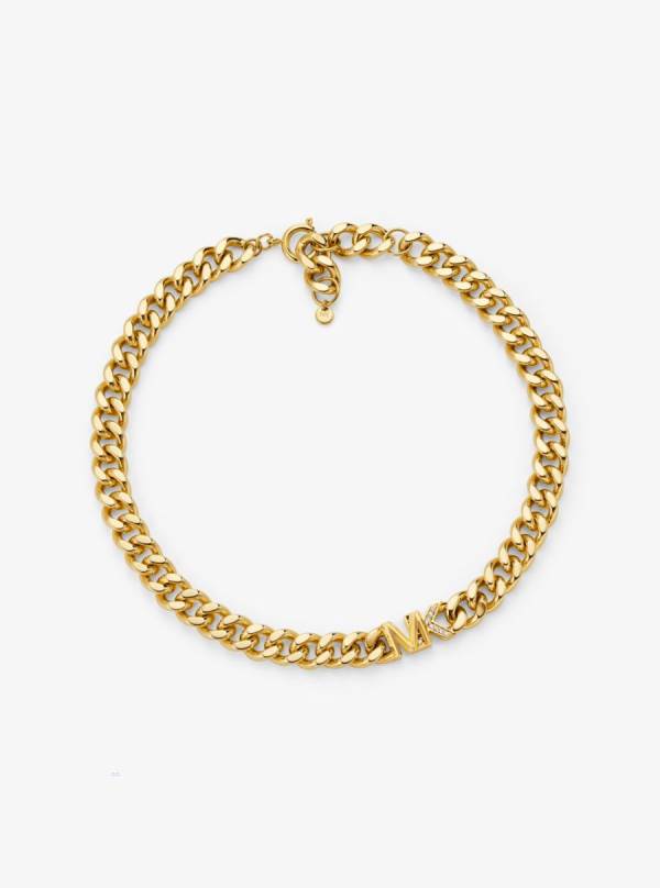 Damske Náhrdelník Michael Kors 14K Gold-Plated Brass Pavé Logo Curb Link Zlate - Šperky Michael Kors Levně | YZHBG-5817